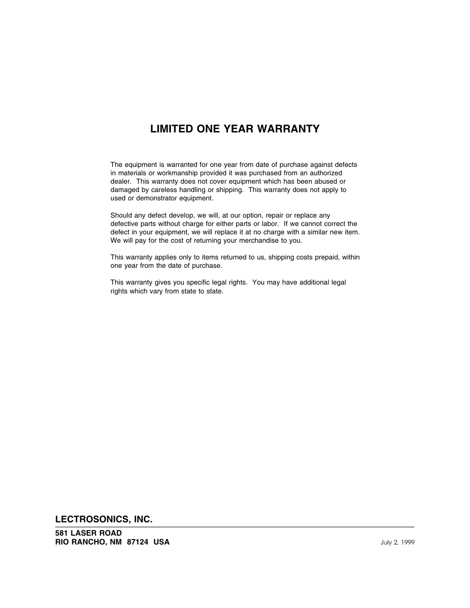 Limited one year warranty | Lectrosonics DR175NC User Manual | Page 10 / 10