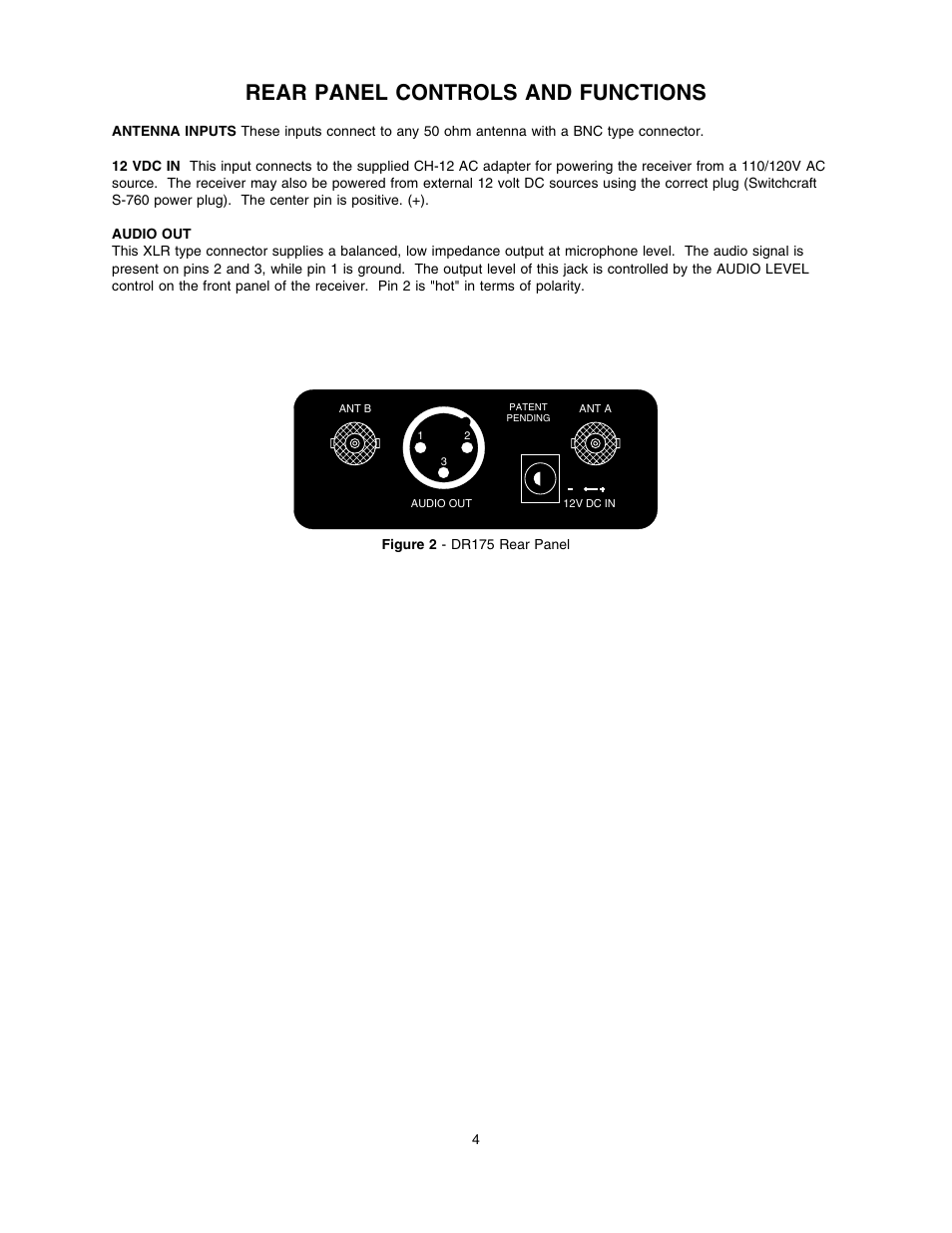 Rear panel controls and functions | Lectrosonics DR175NC User Manual | Page 4 / 10