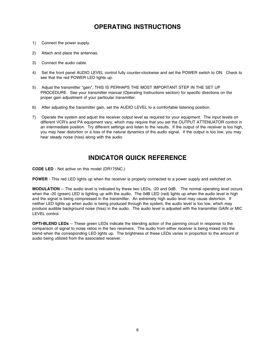 Operating instructions, Indicator quick reference | Lectrosonics DR175NC User Manual | Page 6 / 10