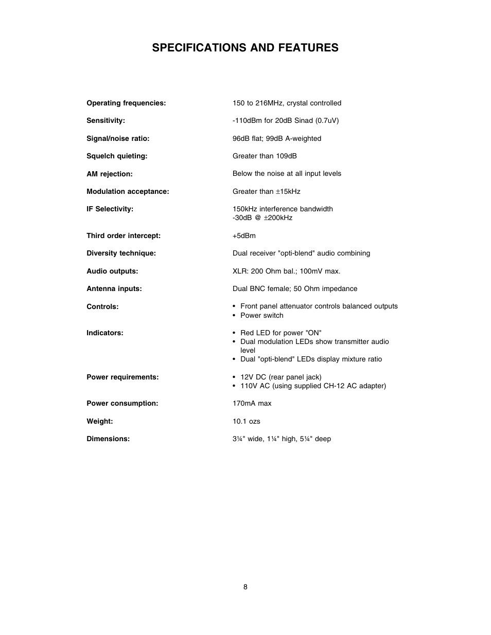 Specifications and features | Lectrosonics DR175NC User Manual | Page 8 / 10