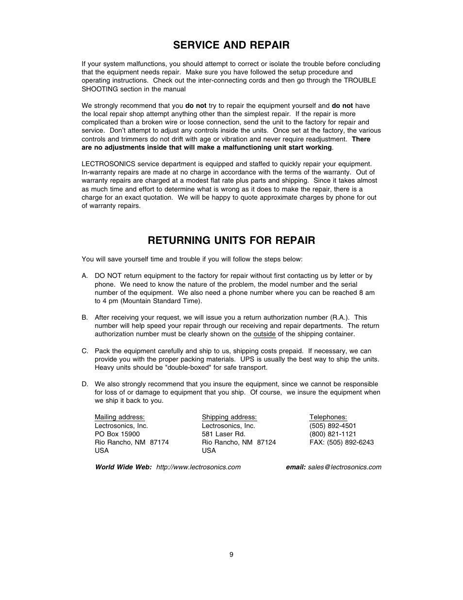 Service and repair, Returning units for repair | Lectrosonics DR175NC User Manual | Page 9 / 10