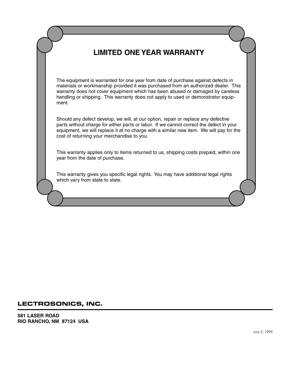 Limited one year warranty | Lectrosonics DR185 User Manual | Page 12 / 12