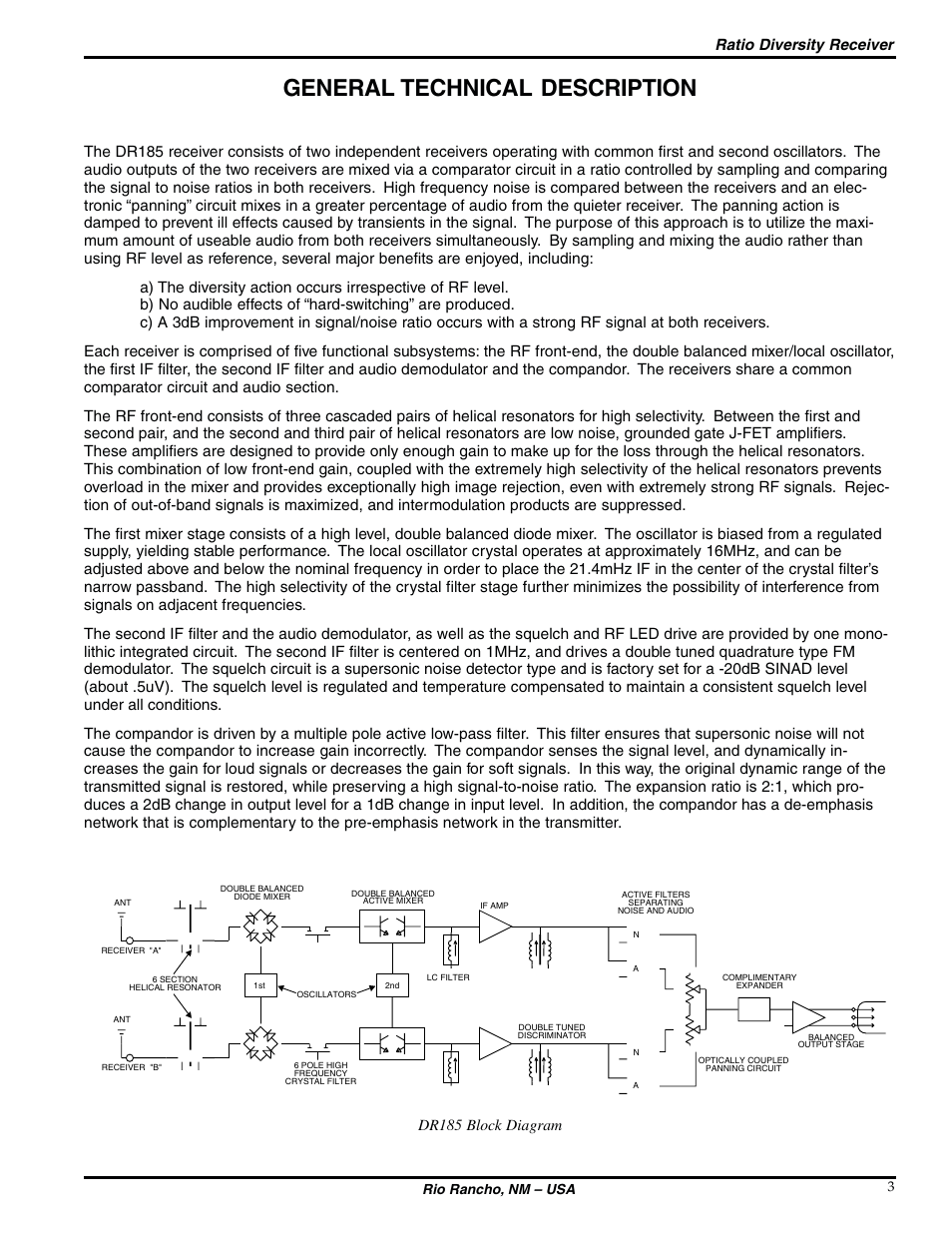 General technical description, Ratio diversity receiver, Dr185 block diagram | Rio rancho, nm – usa 3 | Lectrosonics DR185 User Manual | Page 3 / 12