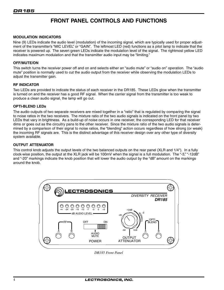 Front panel controls and functions, Lectrosonics, Dr185 | Lectrosonics DR185 User Manual | Page 4 / 12