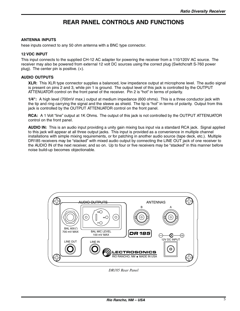 Rear panel controls and functions | Lectrosonics DR185 User Manual | Page 5 / 12