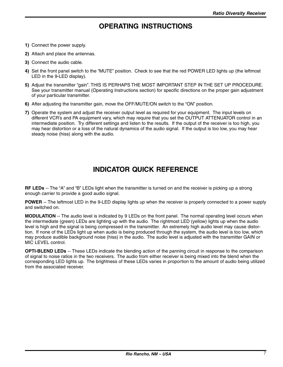 Operating instructions, Indicator quick reference | Lectrosonics DR185 User Manual | Page 7 / 12