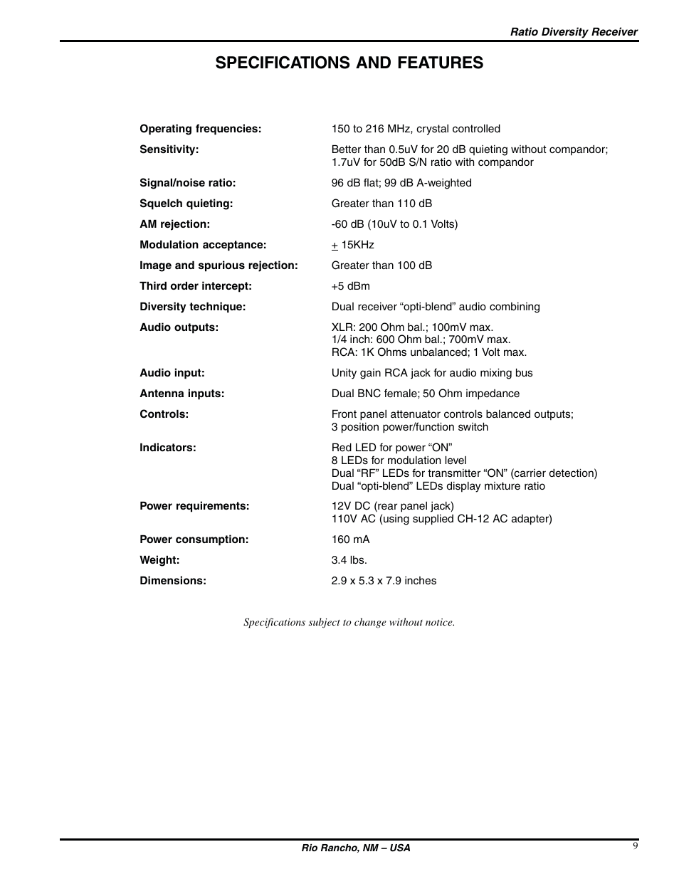 Specifications and features | Lectrosonics DR185 User Manual | Page 9 / 12