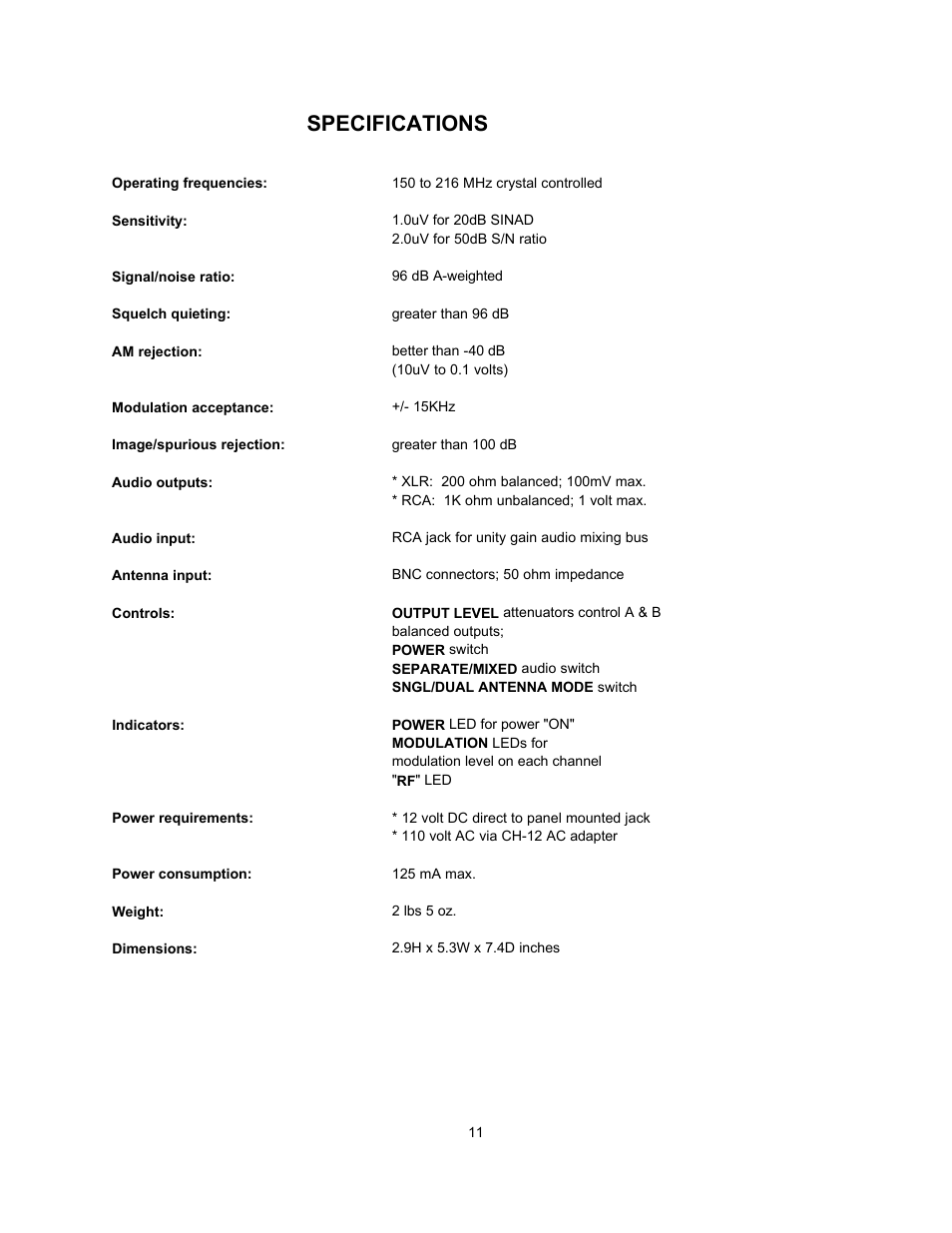 Specifications | Lectrosonics R172 User Manual | Page 12 / 13