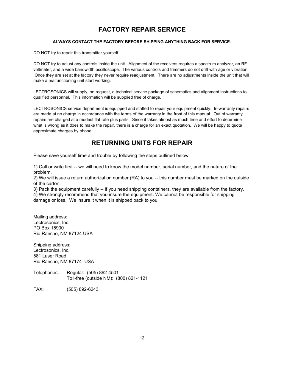 Factory repair service, Returning units for repair | Lectrosonics R172 User Manual | Page 13 / 13