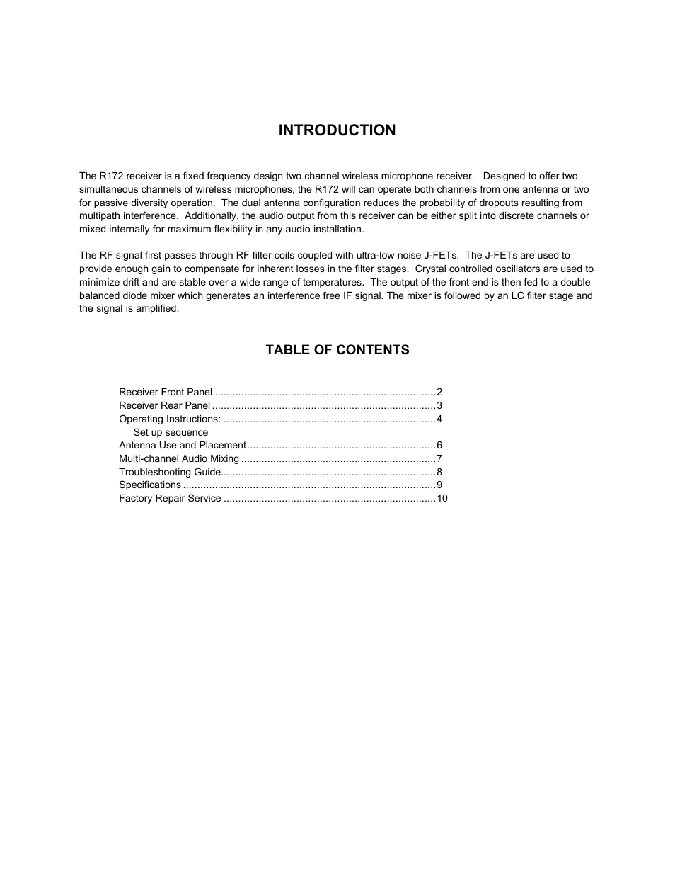 Introduction | Lectrosonics R172 User Manual | Page 2 / 13