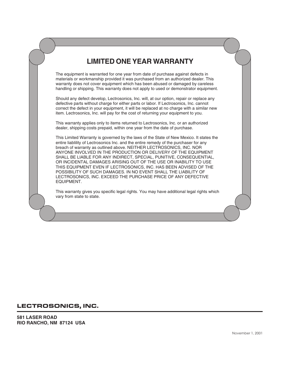 Limited one year warranty | Lectrosonics R175 User Manual | Page 10 / 10