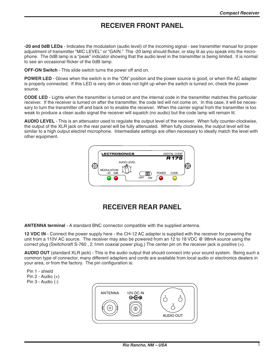 Receiver front panel, Receiver rear panel | Lectrosonics R175 User Manual | Page 3 / 10