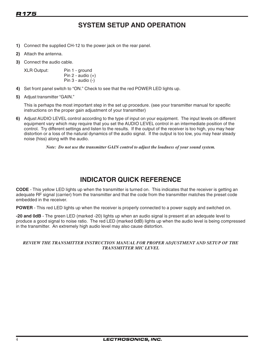 System setup and operation, Indicator quick reference | Lectrosonics R175 User Manual | Page 4 / 10