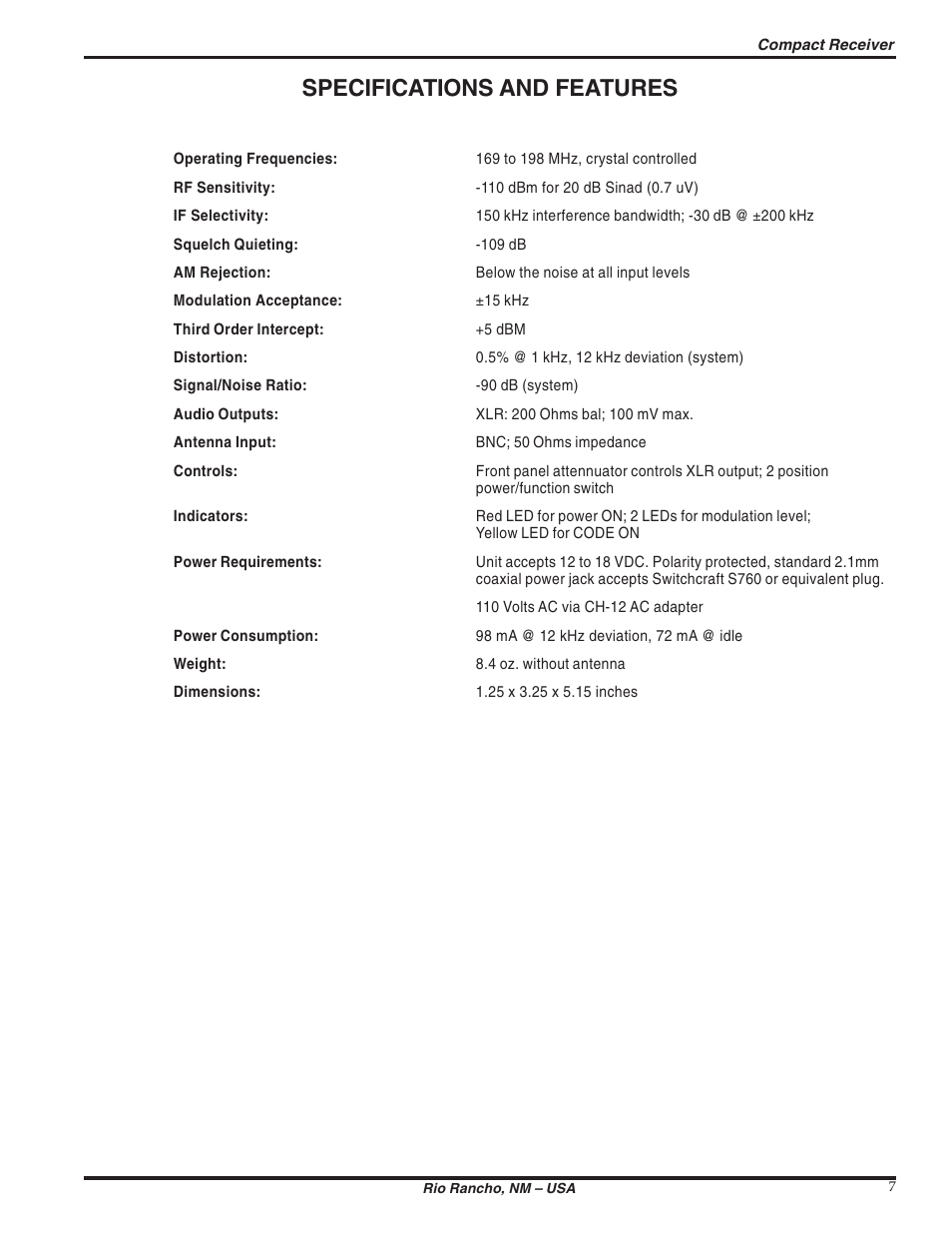 Specifications and features | Lectrosonics R175 User Manual | Page 7 / 10