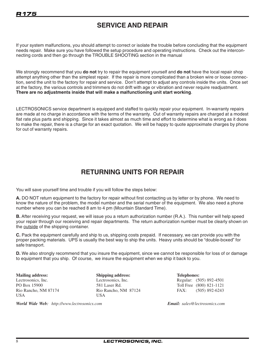 Service and repair, Returning units for repair | Lectrosonics R175 User Manual | Page 8 / 10