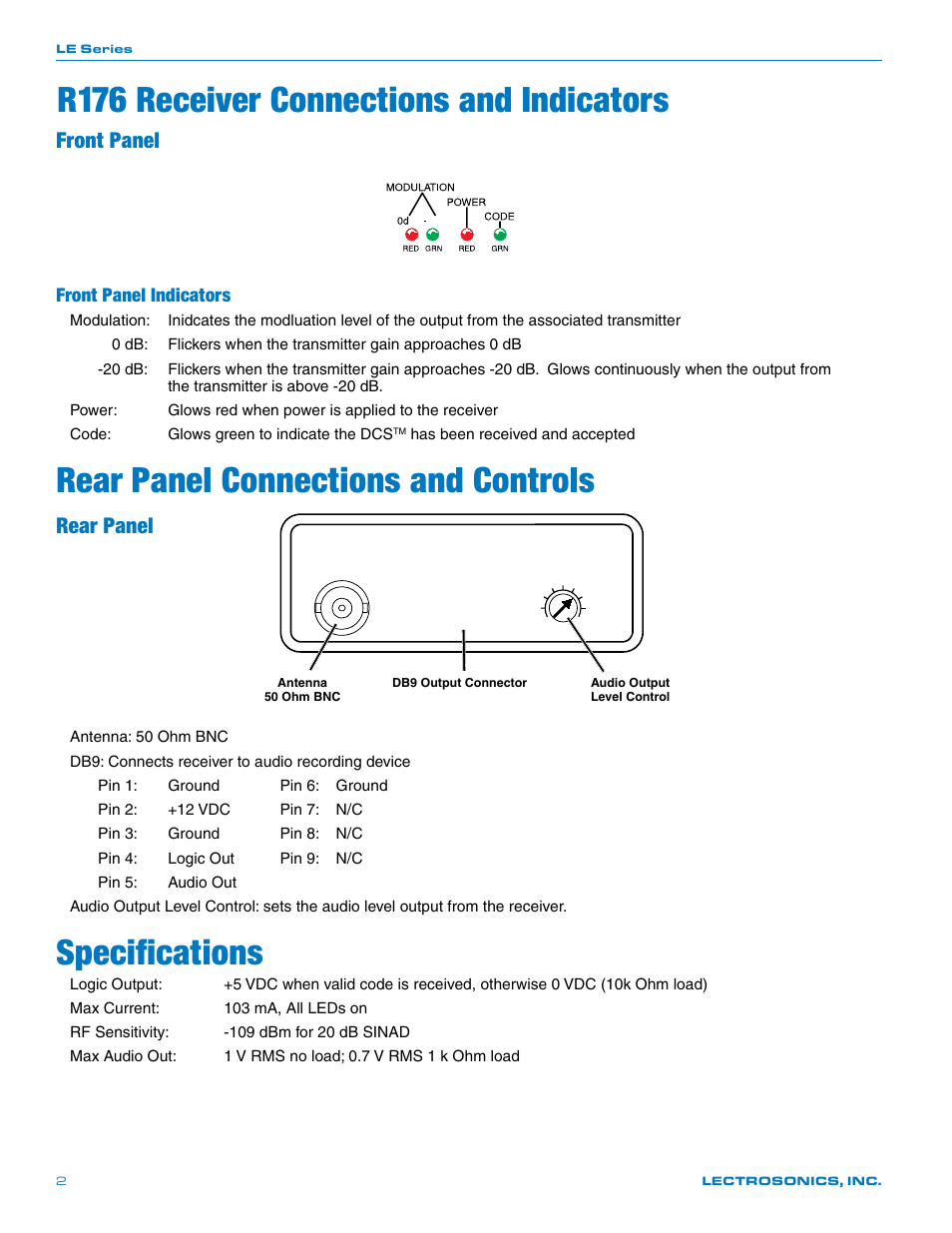 R176 receiver connections and indicators, Rear panel connections and controls, Specifications | Front panel, Rear panel, Front panel indicators | Lectrosonics R176 User Manual | Page 2 / 4