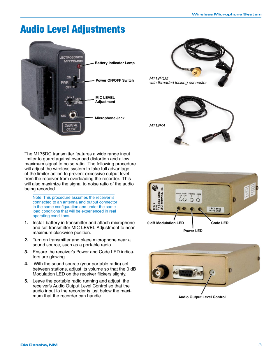 Audio level adjustments | Lectrosonics R176 User Manual | Page 3 / 4
