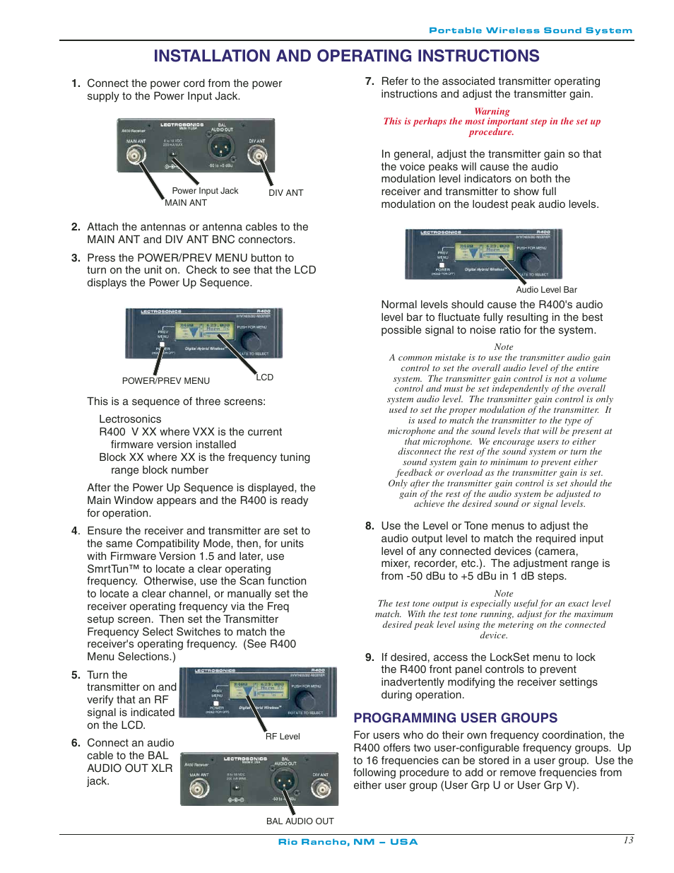 Installation and operating instructions, Programming user groups | Lectrosonics R400 User Manual | Page 13 / 24