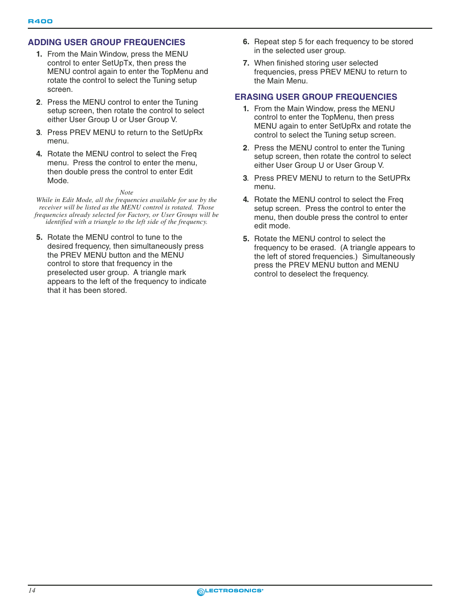 Erasing user group frequencies, Adding user group frequencies | Lectrosonics R400 User Manual | Page 14 / 24