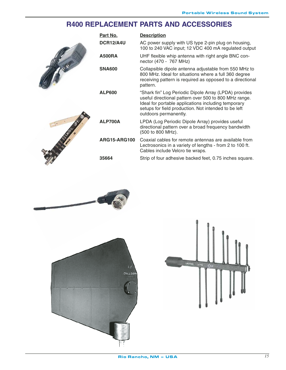 R400 replacement parts and accessories | Lectrosonics R400 User Manual | Page 15 / 24