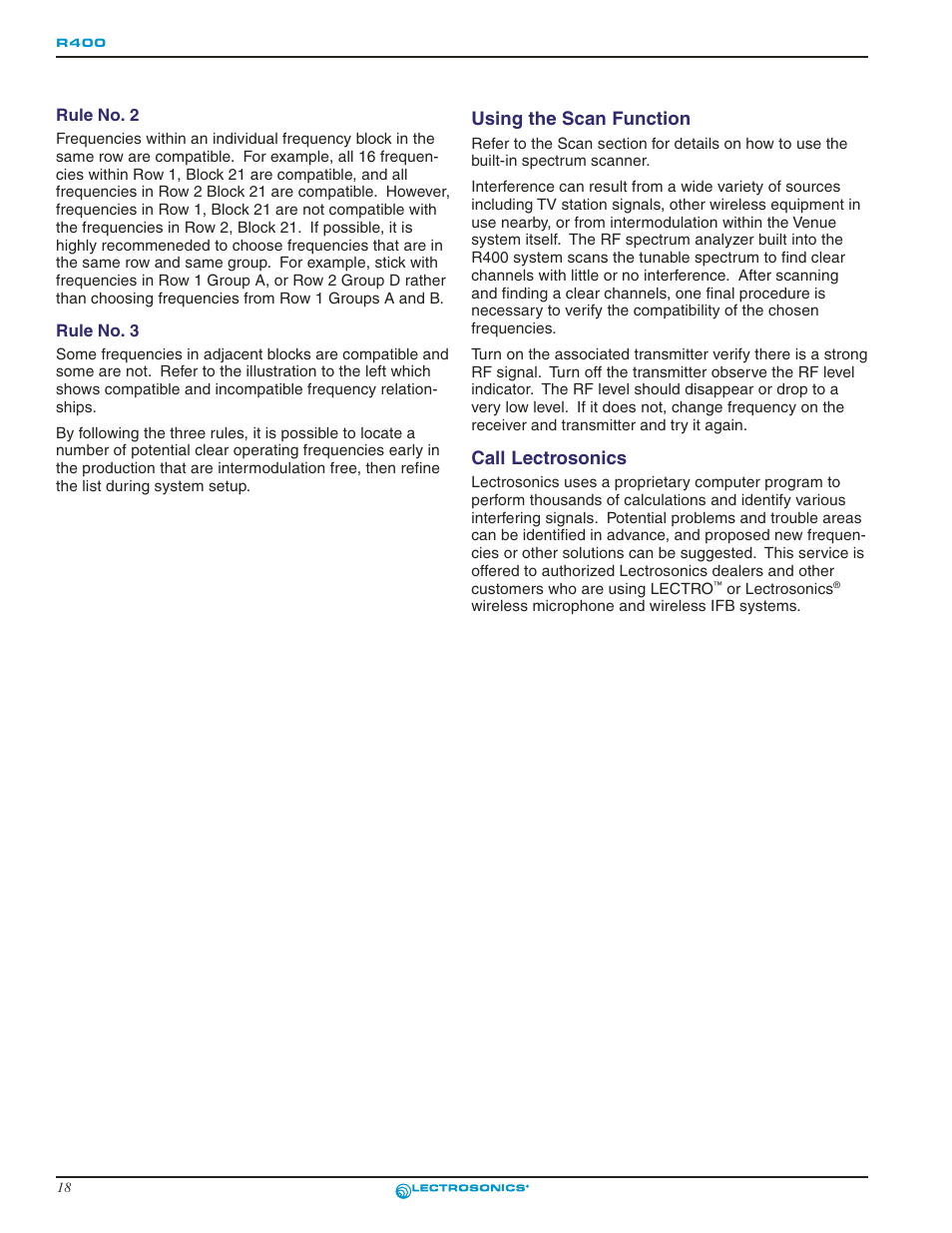 Rule no. 3, Rule no. 2, Using the scan function | Call lectrosonics, Rule no. 2 rule no. 3, Using the scan function call lectrosonics | Lectrosonics R400 User Manual | Page 18 / 24