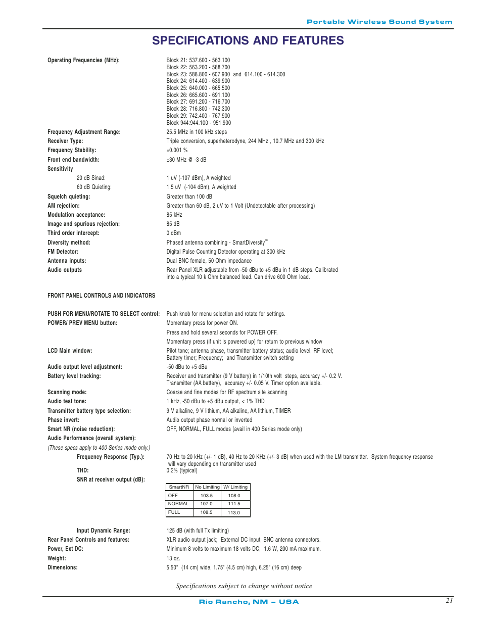 Specifications and features | Lectrosonics R400 User Manual | Page 21 / 24