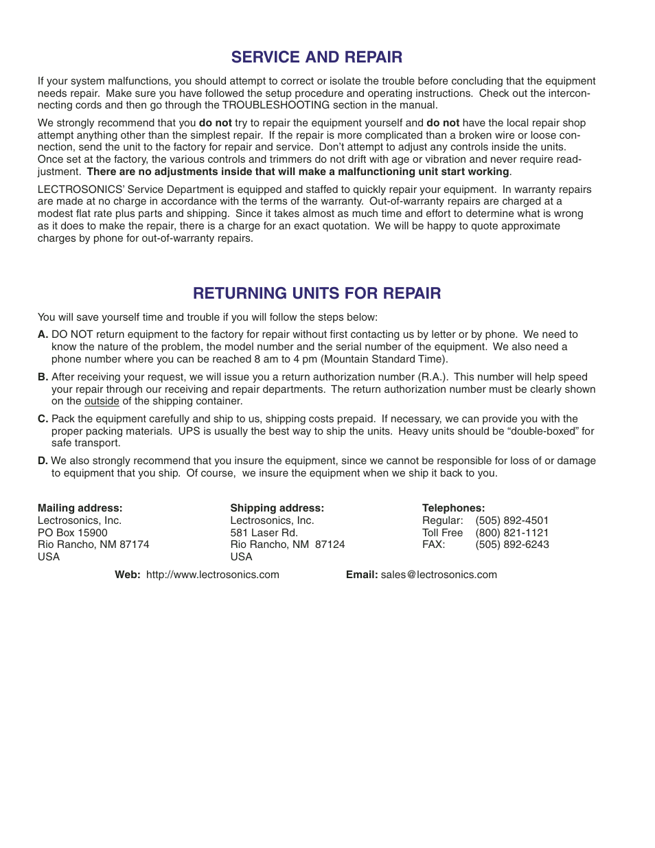 Service and repair, Returning units for repair, Service and repair returning units for repair | Lectrosonics R400 User Manual | Page 22 / 24