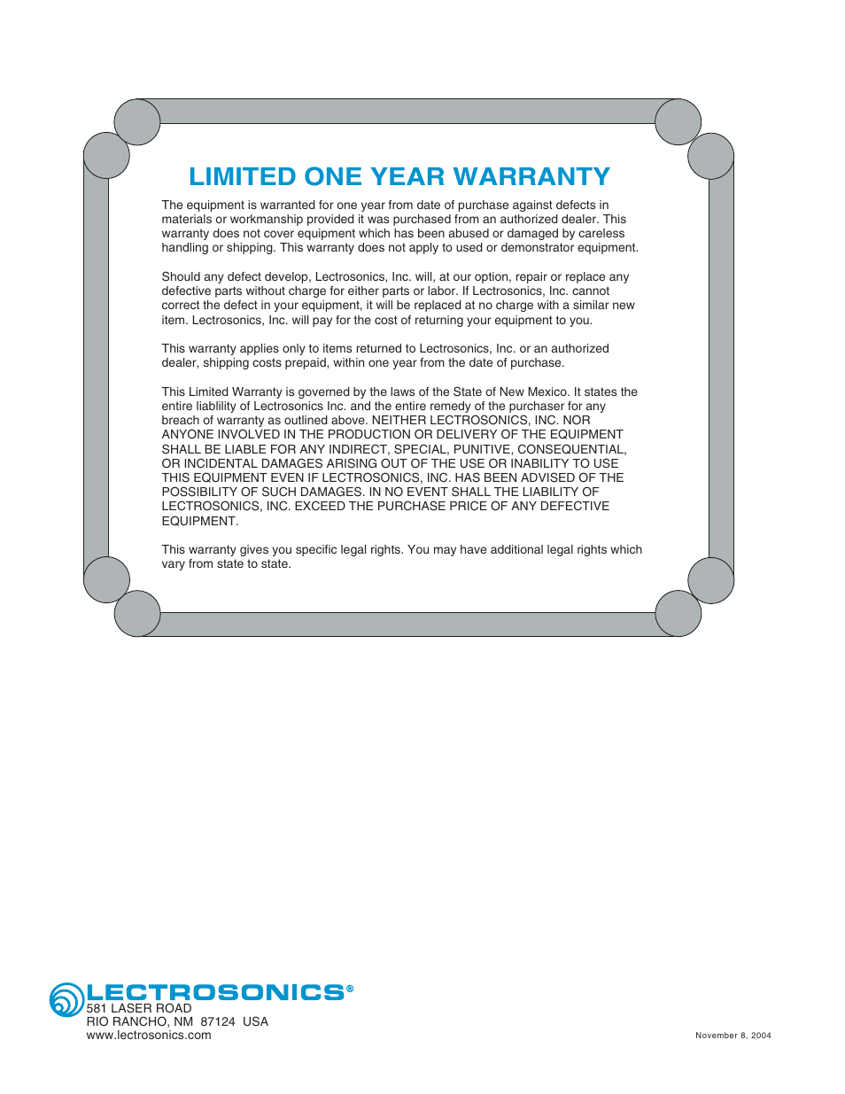 Limited one year warranty | Lectrosonics R400 User Manual | Page 24 / 24
