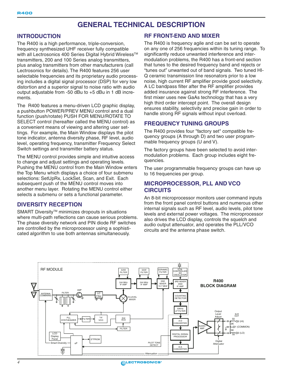 General technical description, Microprocessor, pll and vco circuits, Frequency tuning groups | Rf front-end and mixer, Diversity reception, Introduction, Introduction rf front-end and mixer, Smart diversity, R400 block diagram | Lectrosonics R400 User Manual | Page 4 / 24