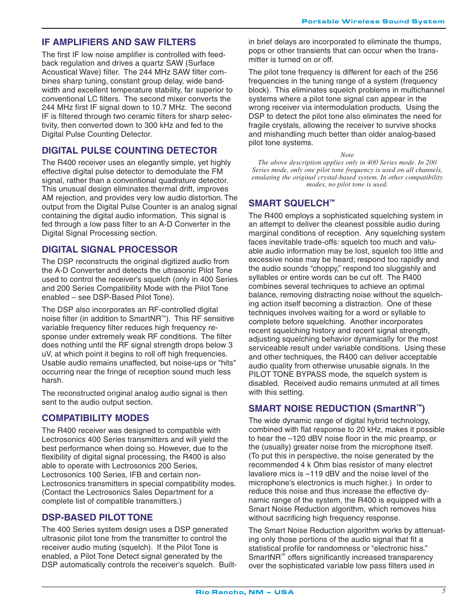 Smart noise reduction (smartnr™), Smart squelch, Dsp-based pilot tone | Compatibility modes, Digital signal processor, Digital pulse counting detector, If amplifiers and saw filters | Lectrosonics R400 User Manual | Page 5 / 24