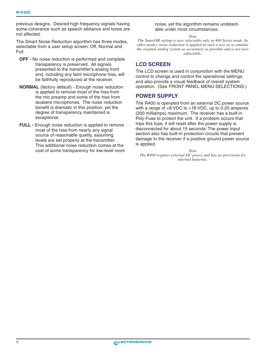 Power supply, Lcd screen, Lcd screen power supply | Lectrosonics R400 User Manual | Page 6 / 24