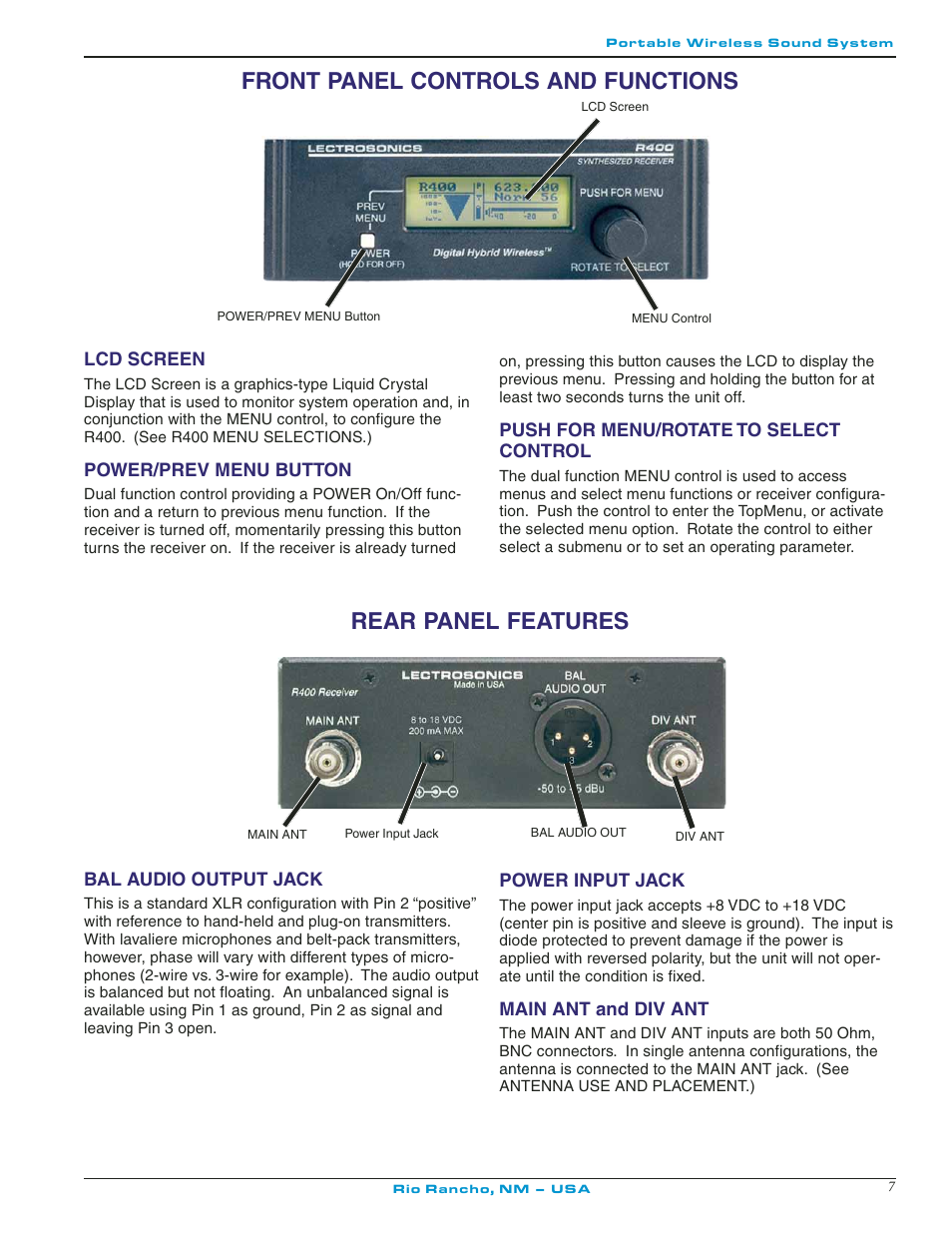 Front panel controls and functions, Power/prev menu button, Lcd screen | Rear panel features, Main ant and div ant, Power input jack, Push for menu/rotate to select control, Bal audio output jack, Lcd screen power/prev menu button | Lectrosonics R400 User Manual | Page 7 / 24