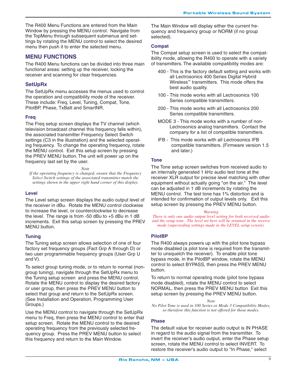 Menu functions, Setuprx, Phase | Pilotbp, Tone, Compat, Tuning, Level, Freq, Freq level tuning compat tone pilotbp phase | Lectrosonics R400 User Manual | Page 9 / 24