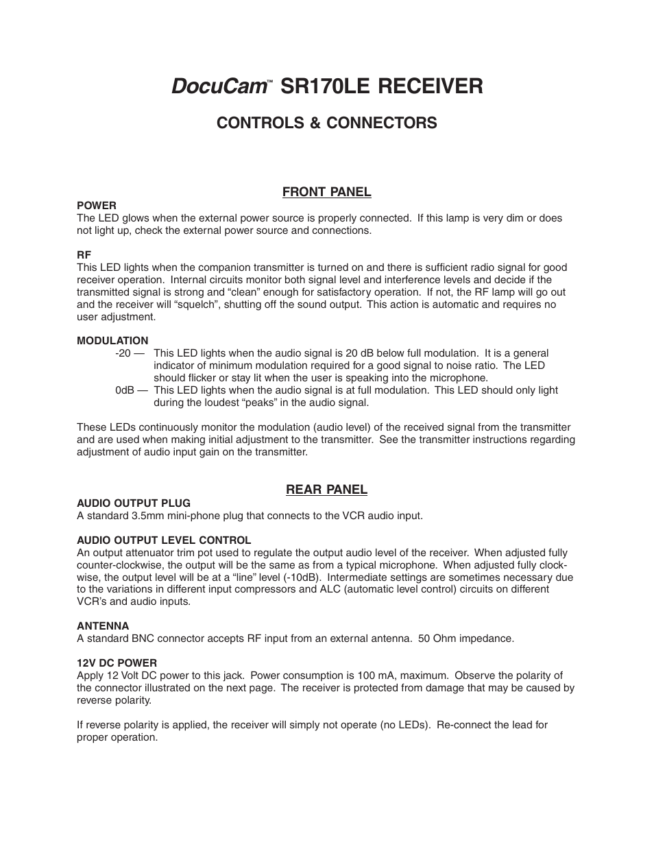 Lectrosonics SR170LE User Manual | 2 pages