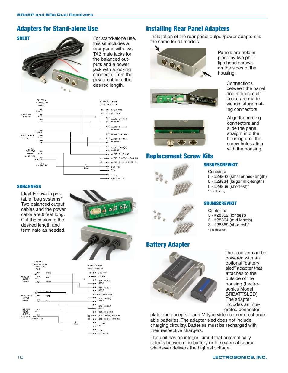 Adapters for stand-alone use, Installing rear panel adapters, Replacement screw kits | Battery adapter | Lectrosonics SRa Series User Manual | Page 10 / 28