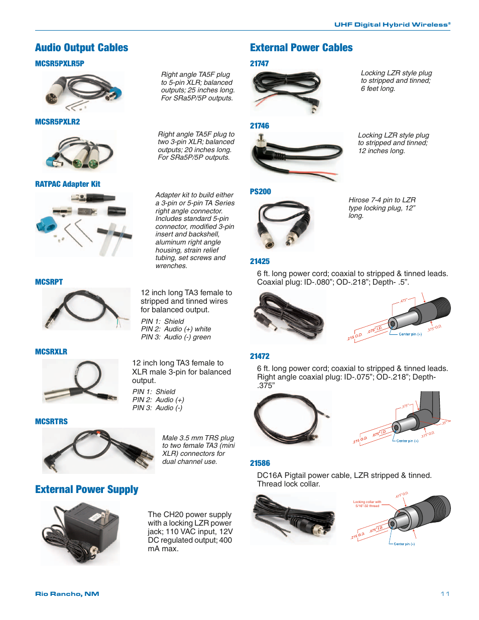 Audio output cables, External power cables, External power supply | Lectrosonics SRa Series User Manual | Page 11 / 28