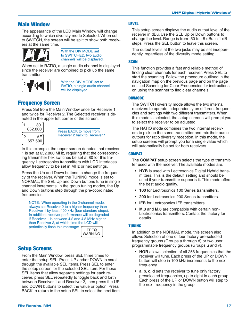 Main window, Frequency screen, Setup screens | Lectrosonics SRa Series User Manual | Page 17 / 28