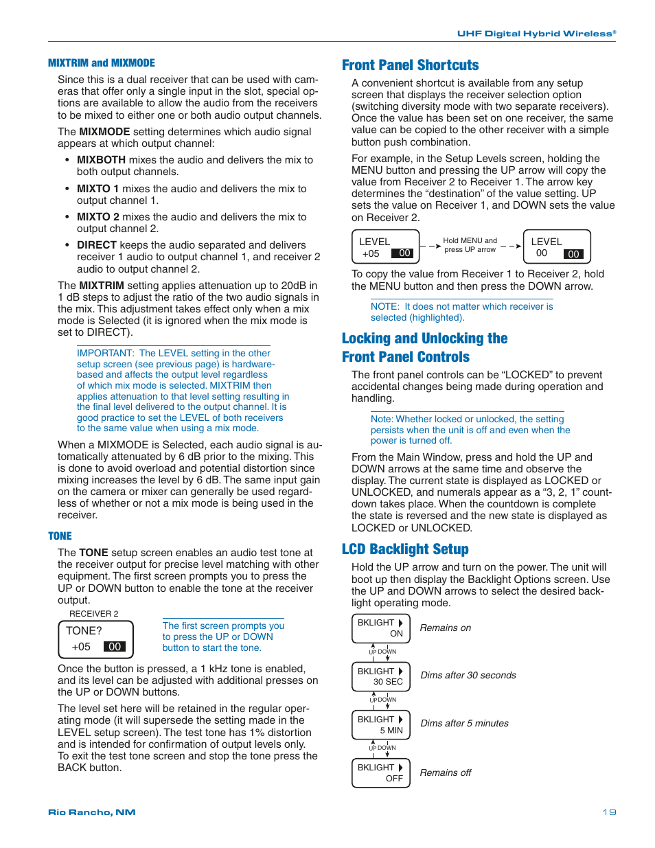 Front panel shortcuts, Locking and unlocking the, Front panel controls | Lcd backlight setup, Locking and unlocking the front panel controls | Lectrosonics SRa Series User Manual | Page 19 / 28