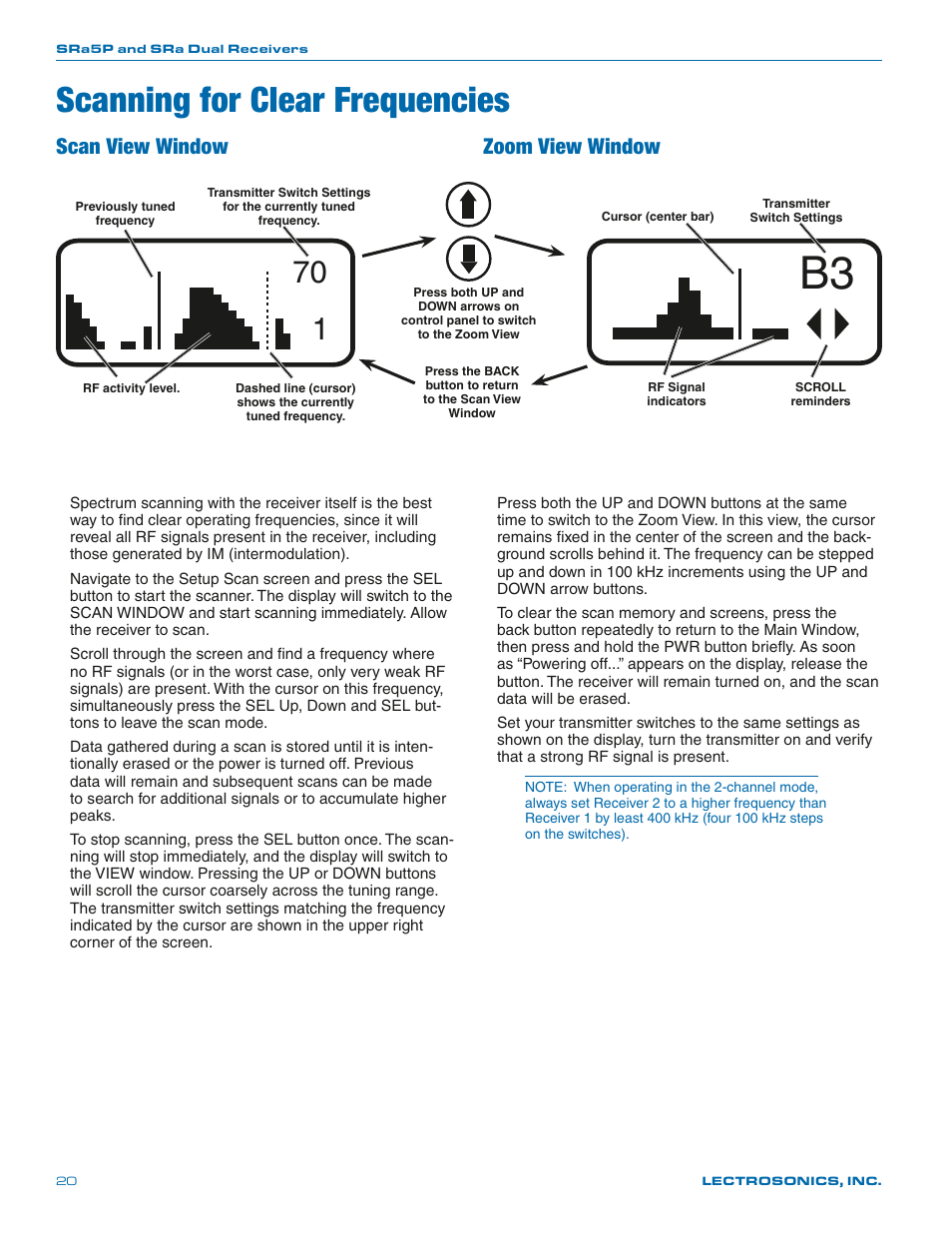 Scanning for clear frequencies, Scan view window, Zoom view window | Lectrosonics SRa Series User Manual | Page 20 / 28