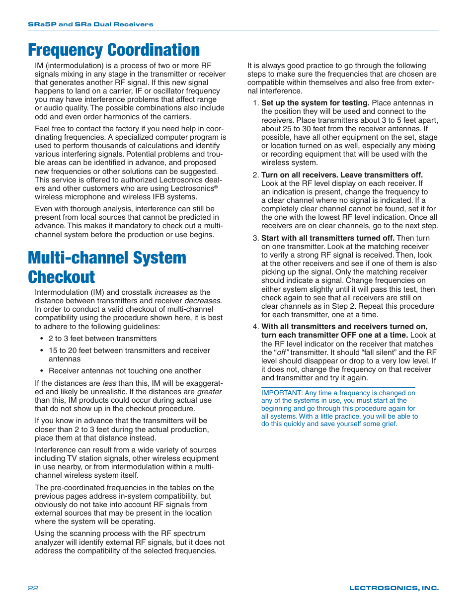 Frequency coordination, Multi-channel system checkout | Lectrosonics SRa Series User Manual | Page 22 / 28