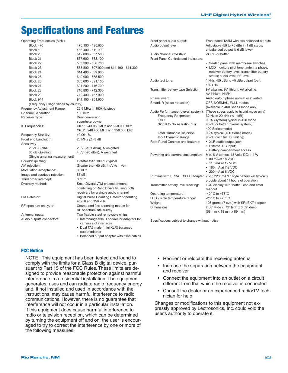 Specifications and features, Fcc notice | Lectrosonics SRa Series User Manual | Page 23 / 28