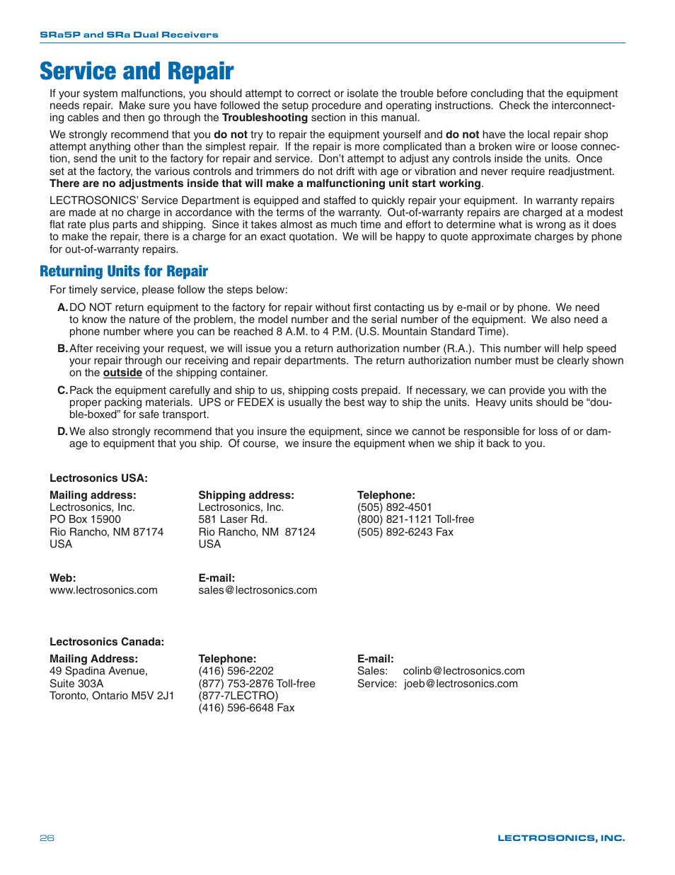 Service and repair, Returning units for repair | Lectrosonics SRa Series User Manual | Page 26 / 28