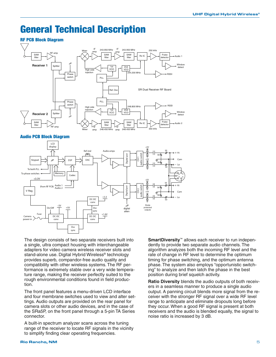 General technical description, Rf pcb block diagram, Audio pcb block diagram | Smartdiversity | Lectrosonics SRa Series User Manual | Page 5 / 28