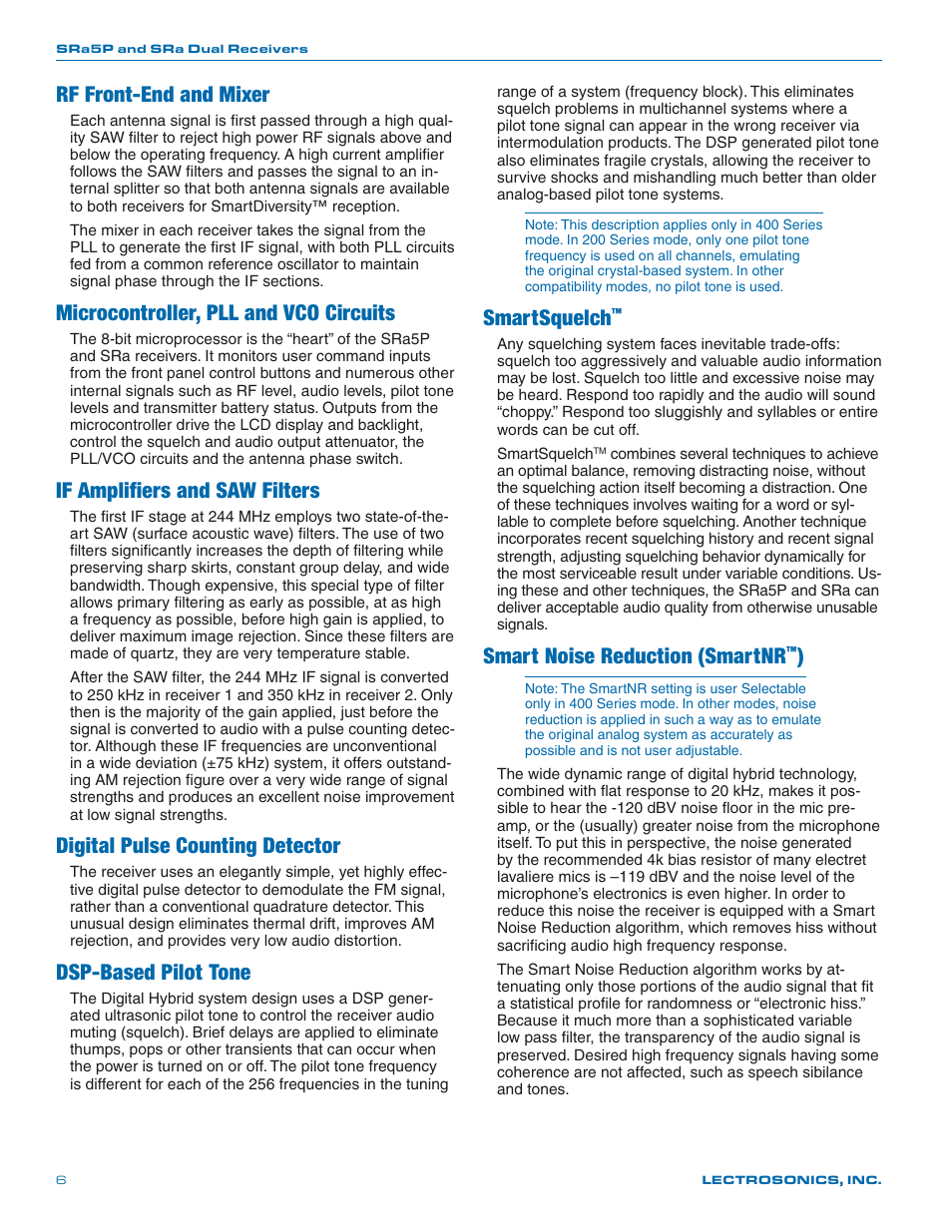 Rf front-end and mixer, Microcontroller, pll and vco circuits, If amplifiers and saw filters | Digital pulse counting detector, Dsp-based pilot tone, Smartsquelch, Smart noise reduction (smartnr | Lectrosonics SRa Series User Manual | Page 6 / 28