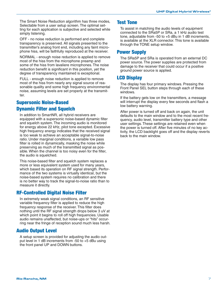 Supersonic noise-based, Dynamic filter and squelch, Rf-controlled digital noise filter | Audio output level, Test tone, Power supply, Lcd display, Supersonic noise-based dynamic filter and squelch | Lectrosonics SRa Series User Manual | Page 7 / 28