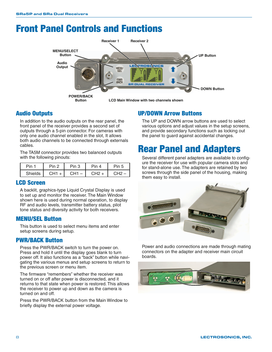 Front panel controls and functions, Audio outputs, Lcd screen | Menu/sel button, Pwr/back button, Up/down arrow buttons, Rear panel and adapters | Lectrosonics SRa Series User Manual | Page 8 / 28