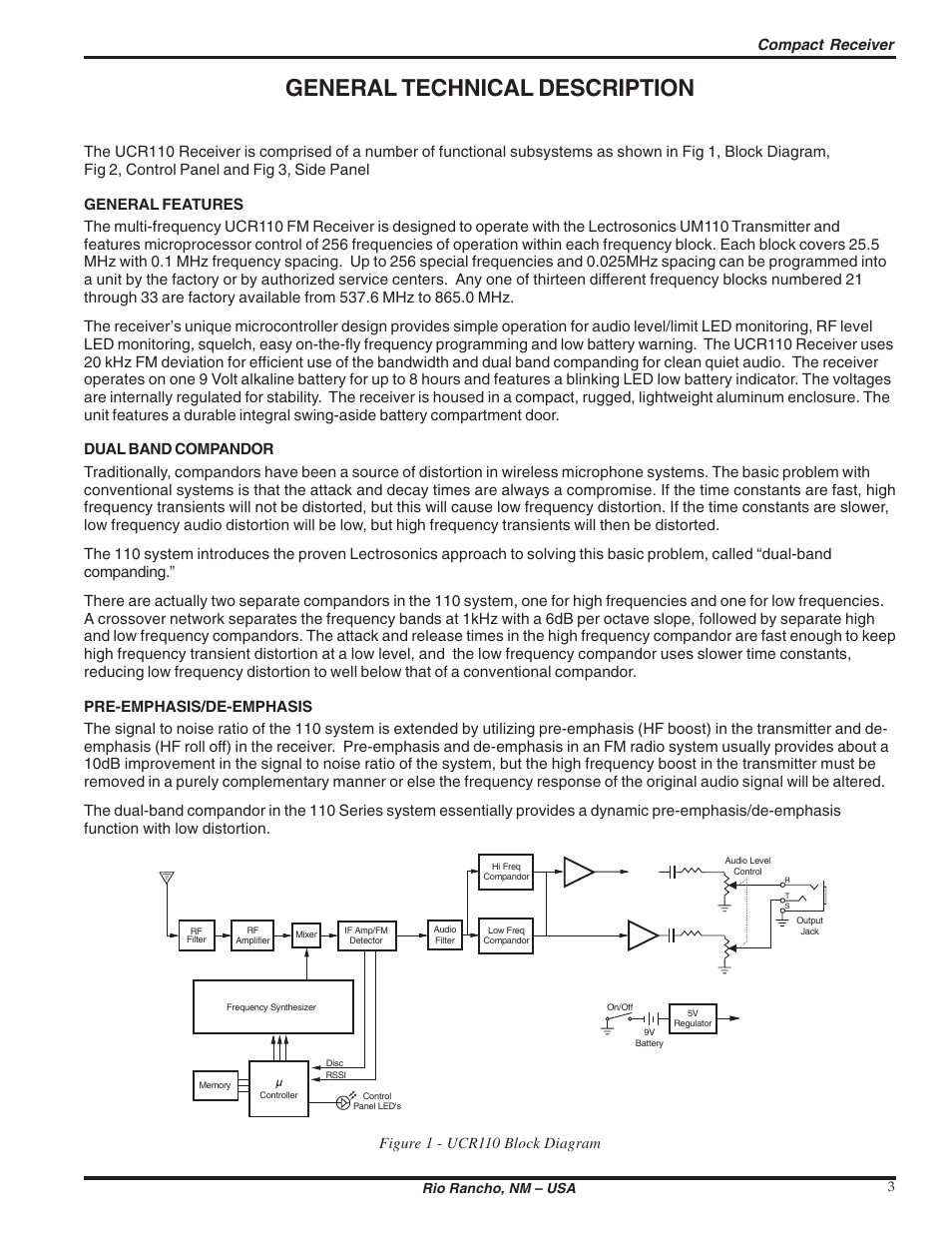 General technical description, Compact receiver, Figure 1 - ucr110 block diagram | Lectrosonics UCR110 User Manual | Page 3 / 10