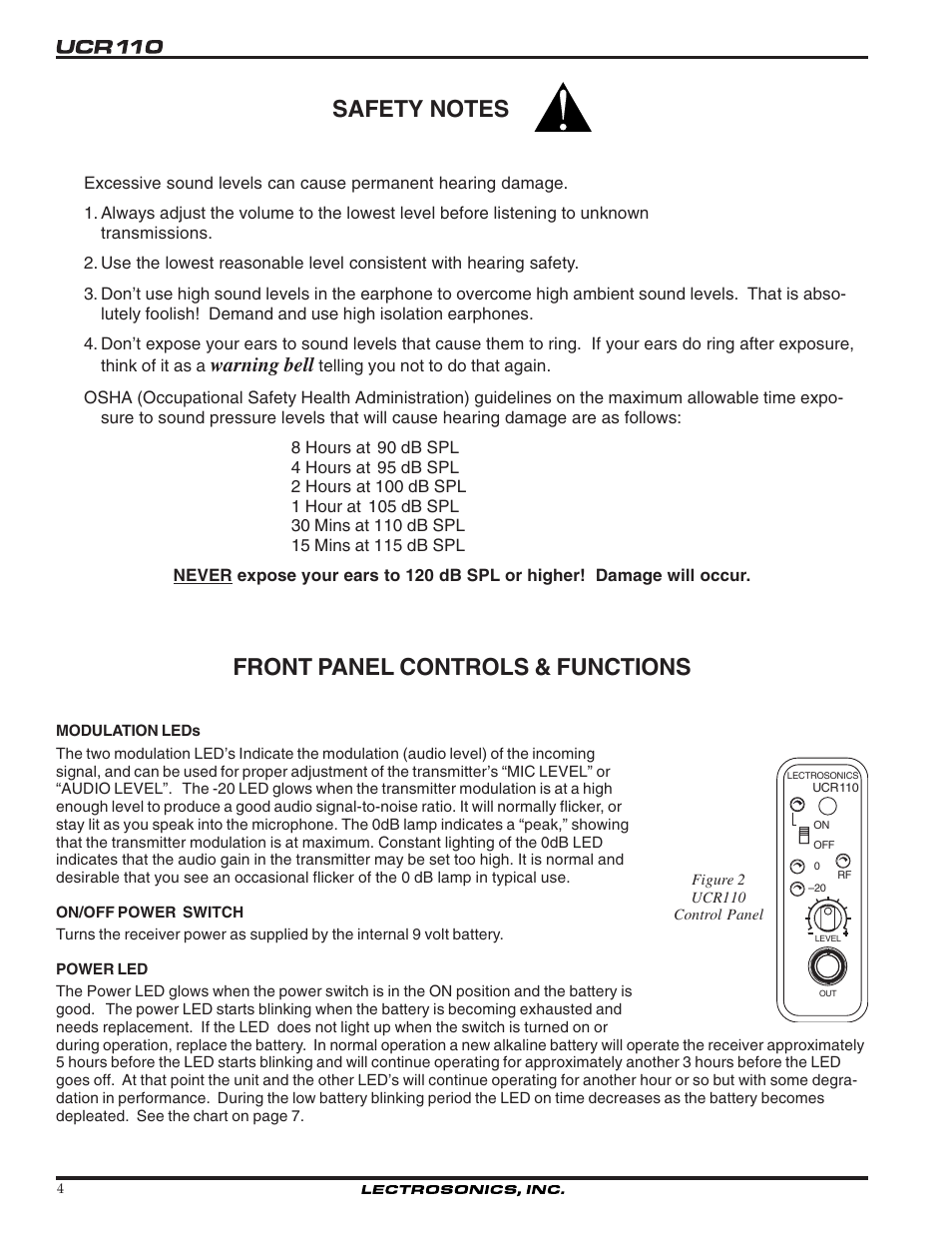 Front panel controls & functions, Warning bell | Lectrosonics UCR110 User Manual | Page 4 / 10