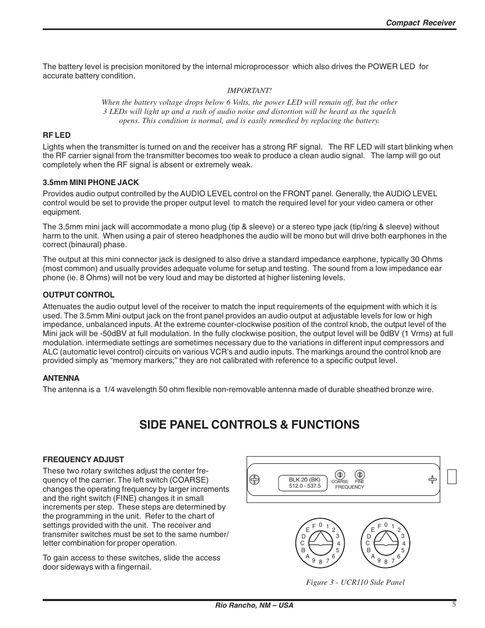 Side panel controls & functions | Lectrosonics UCR110 User Manual | Page 5 / 10