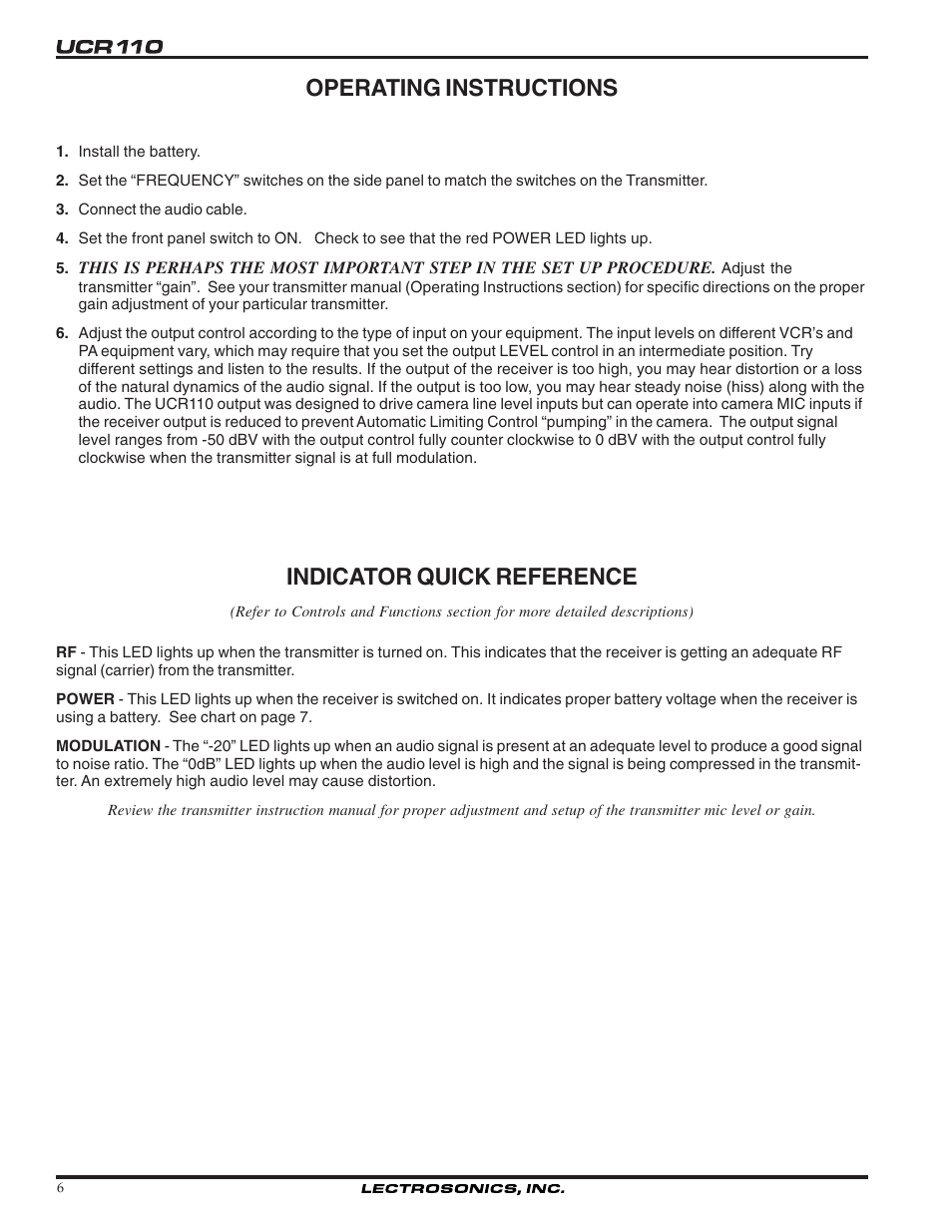 Operating instructions, Indicator quick reference | Lectrosonics UCR110 User Manual | Page 6 / 10